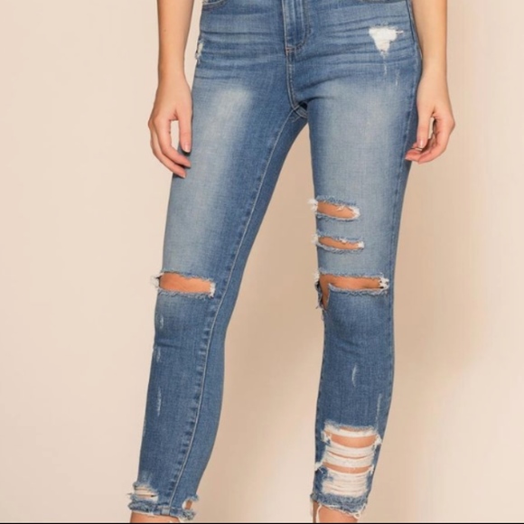 light-wash distressed denim cropped skinny jeans - Picture 2 of 3